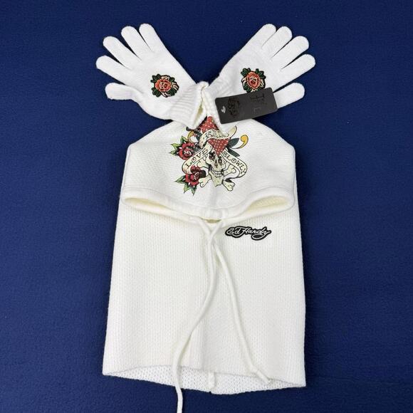 Ed Hardy Accessories - NWT Ed Hardy Knit Hat & Gloves Set Love Kills Slowly White Knit Beanie Ski Y2K